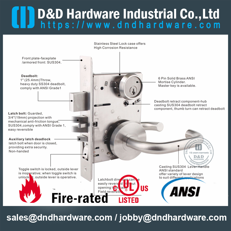 UL Fire Rated ANSI Wooden Door Lock Mortise LocksetDDAL04 F04 from China manufacturer D&D