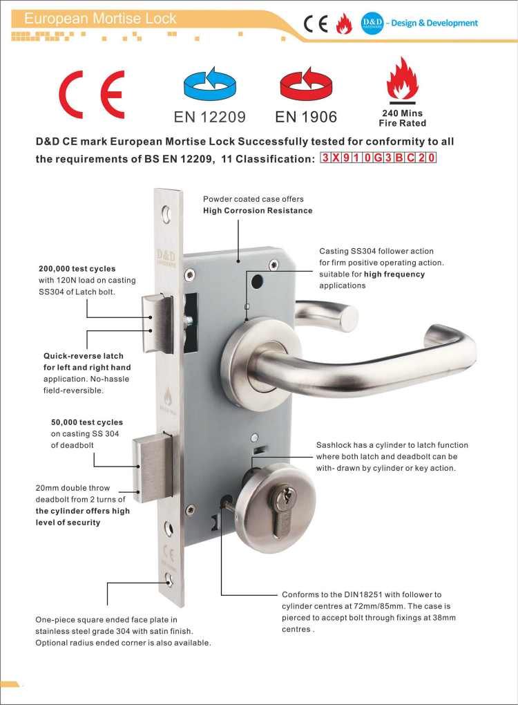 SUS304 Euro Mortise Fire Rated Door Lock for Metal Door with CE
