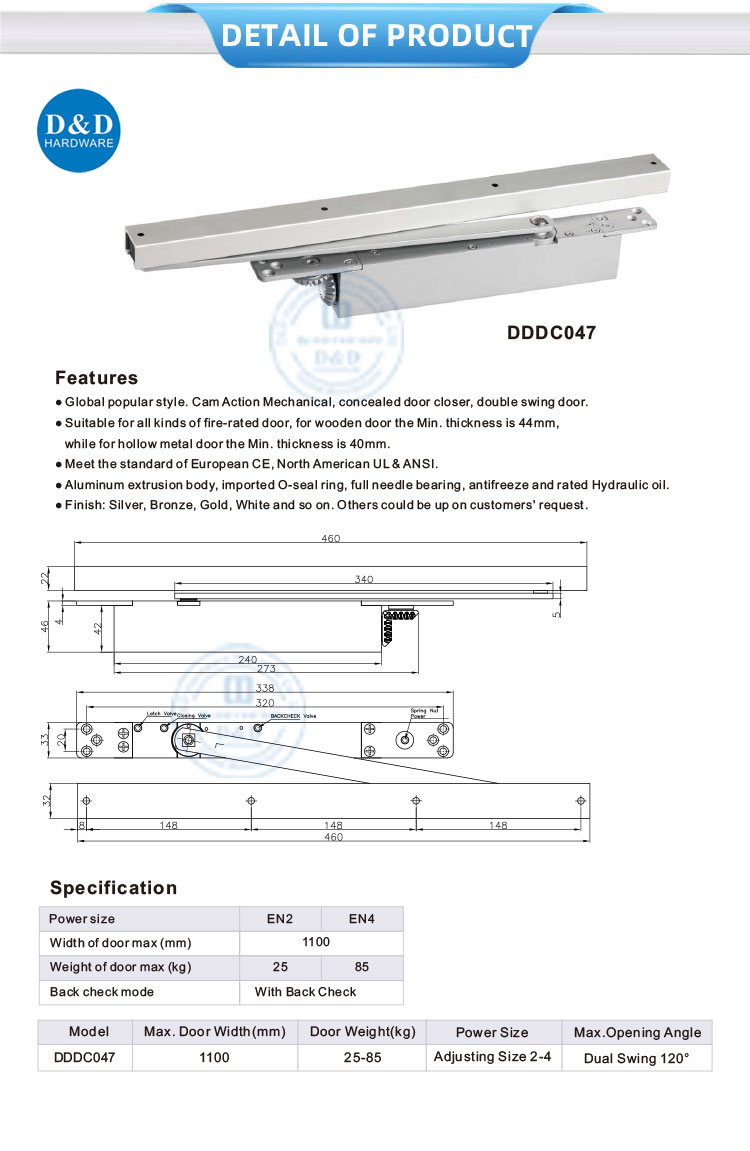 Global Door Closer Aluminium Alloy Sliding Door Closer with Back Check