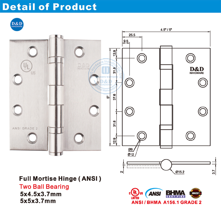 Stainless Steel 5 Inch ANSI BHMA Grade 2 Fire Rated Door Hinge for East