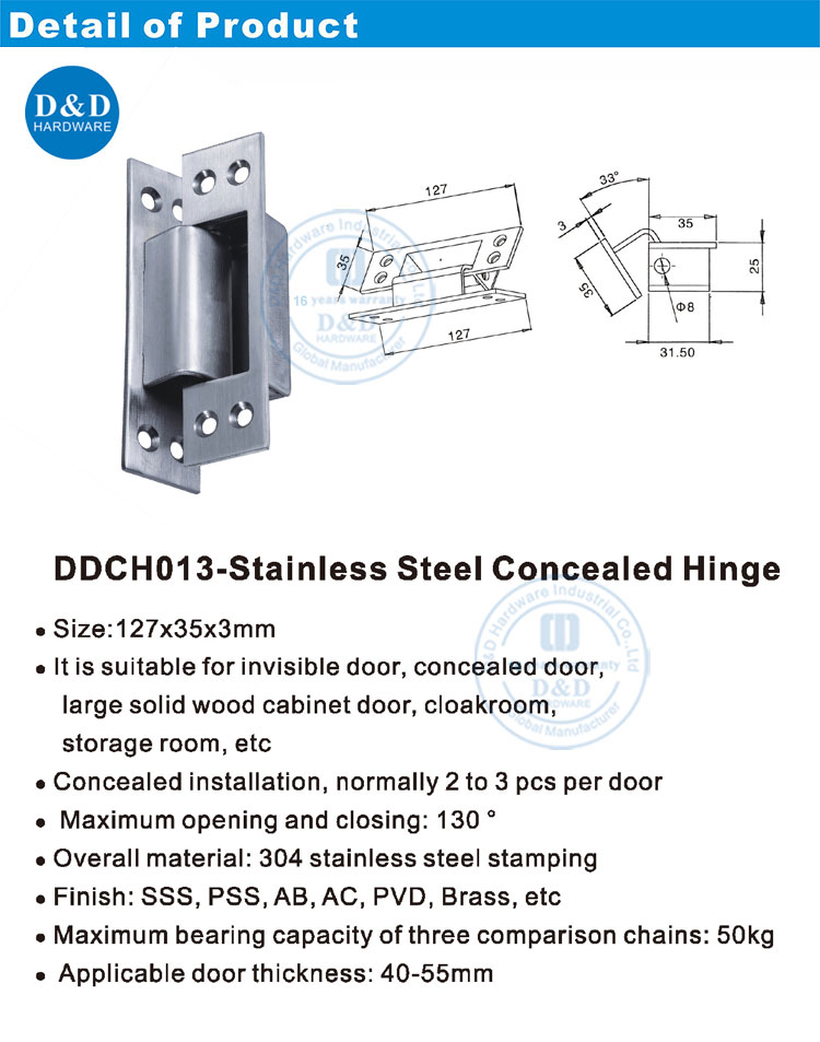 Stainless Steel 304 Consealed Door Hinges Hardware for Secret Doors