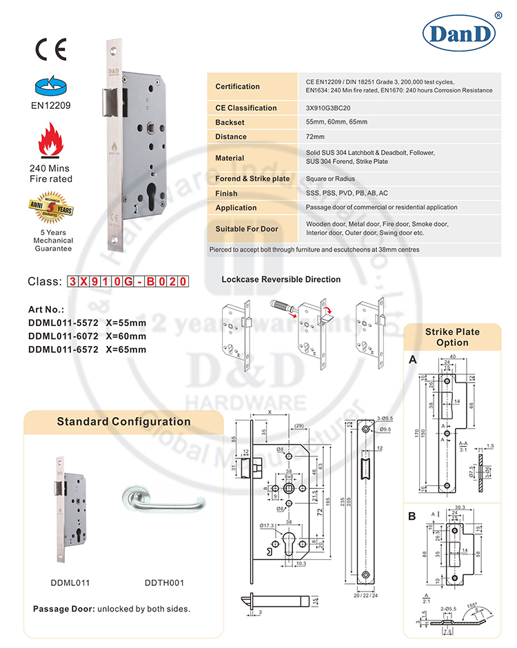 CE Certification Fire Rated Latch Door Lock-DDML011 from China ...