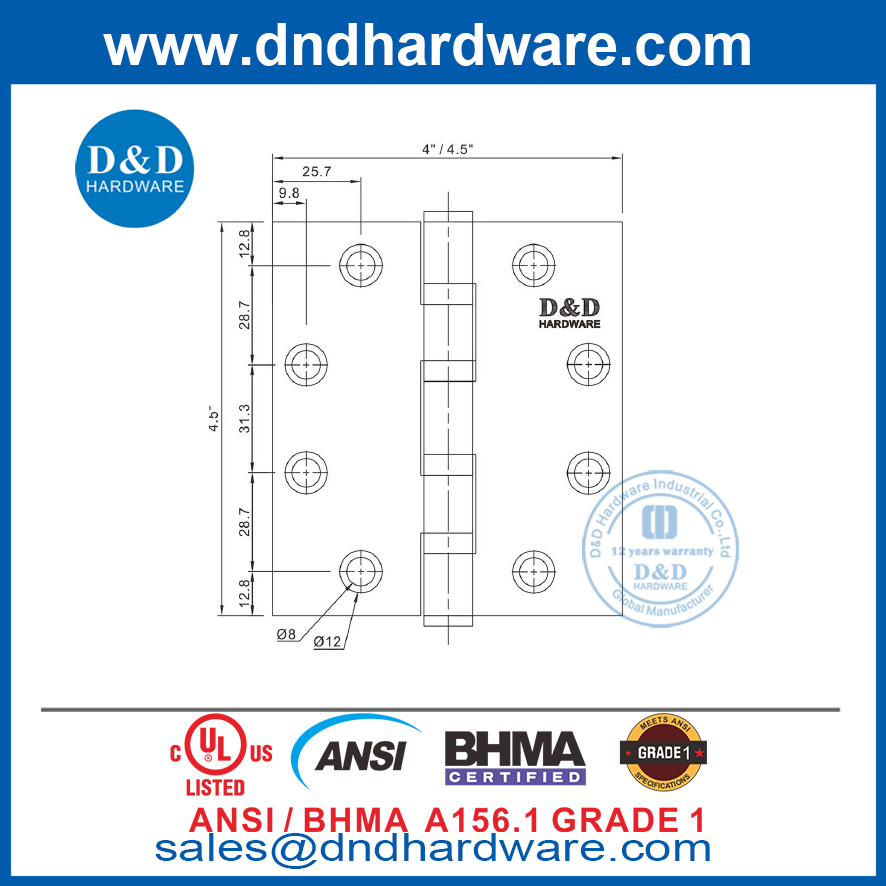 ANSI Grade 1 Heavy Duty Ball Bearing Door Hinge-DDSS001-ANSI-1
