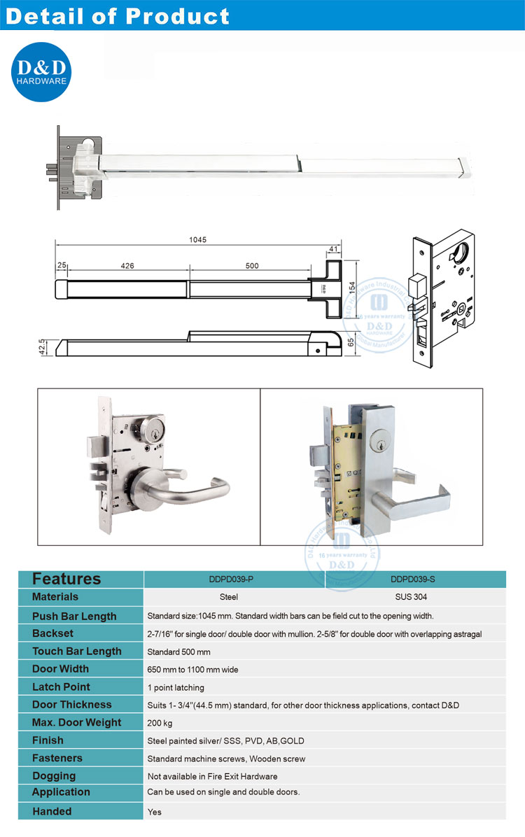 Panic Device Hardware Stainless Steel Panic Bar with UL Mortice Lock