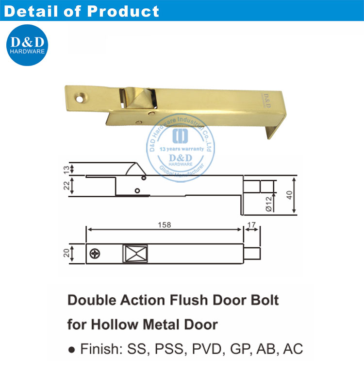 SS304 Satin Brass Sideways Automatic Door Bolt for Metal DoorDDDB023 from China manufacturer
