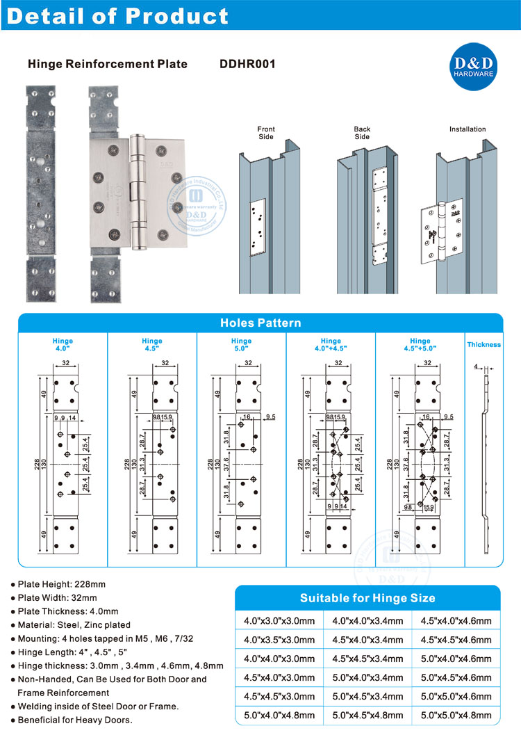 Steel Zinc Plate Door Hinge Reinforcement Plate For Door Frame-ddhr001 