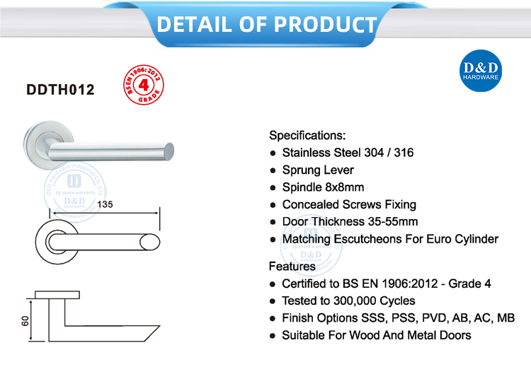 inside Door Handles EN1906 Stainless Steel Passage Door Handles for